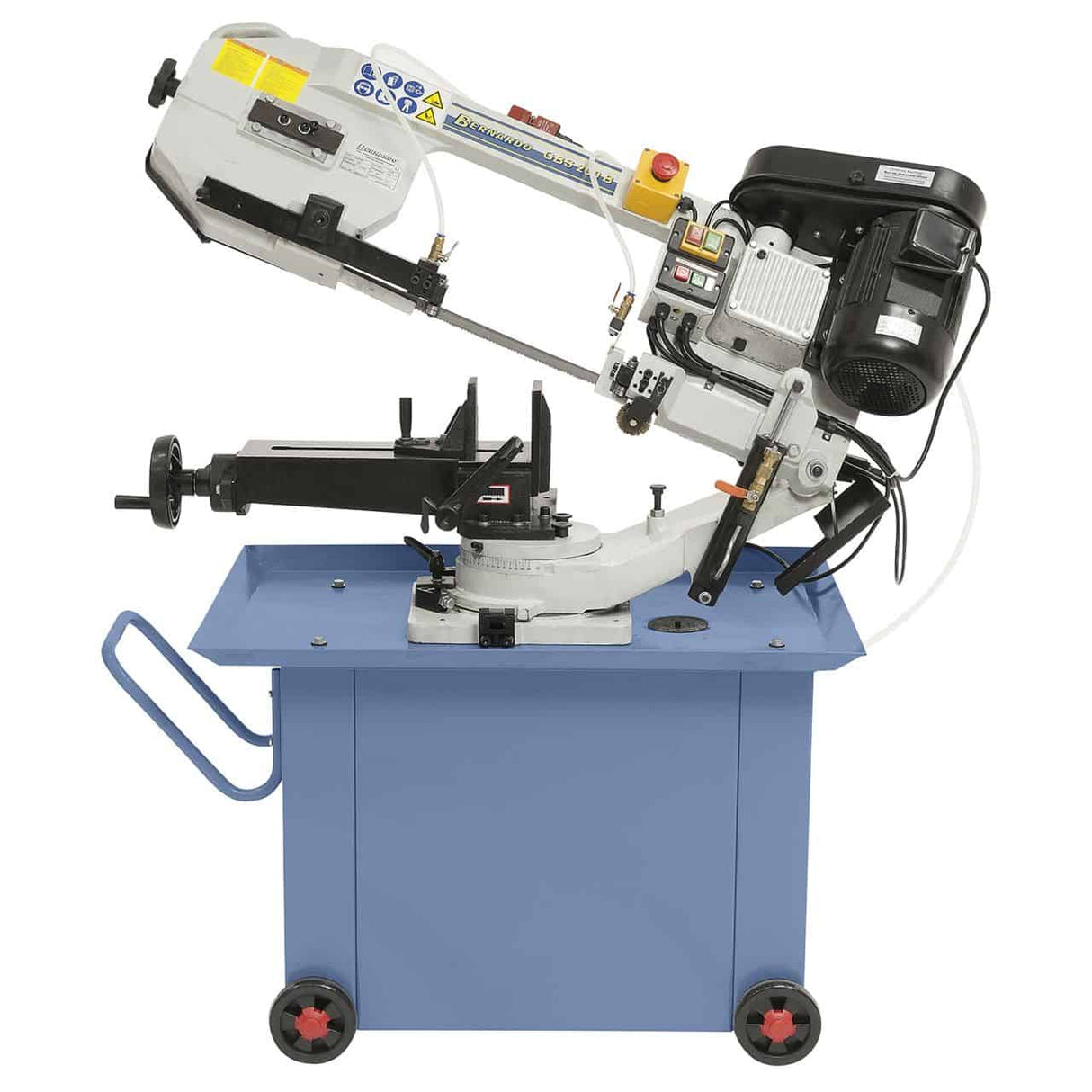 Sega a nastro Bernardo GBS 200 B / 400 V con quattro velocità, refrigerante integrato, braccio inclinabile e morsa rapida.