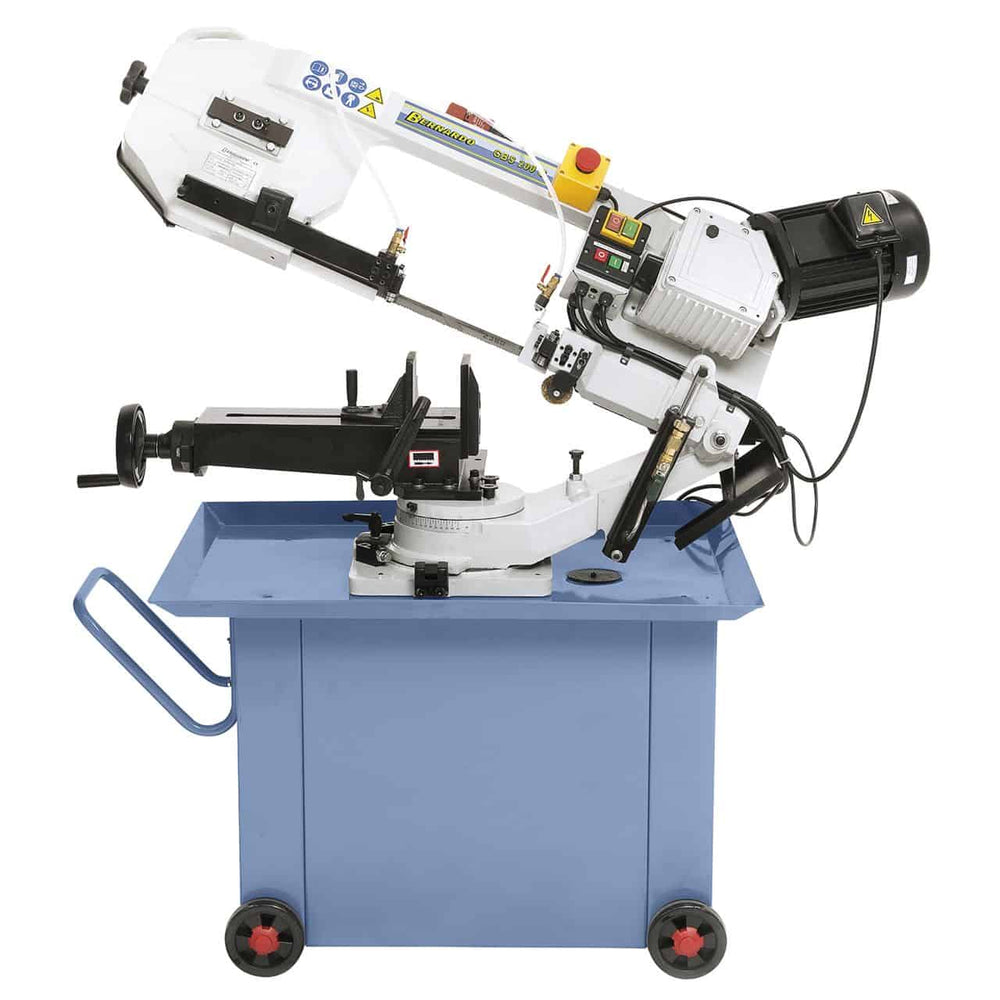 Sega a nastro Bernardo GBS 200 G / 400 V con trasmissione a ingranaggi, refrigerante integrato, morsa rapida e capacità fino a 215 x 205 mm.