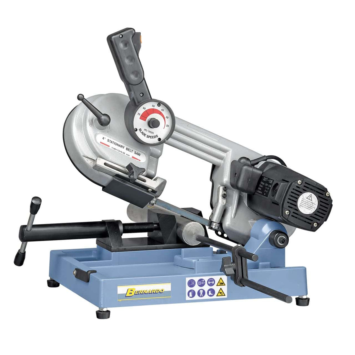 Sega a nastro portatile Bernardo EBS 100 B con corpo in alluminio pressofuso, velocità variabile e peso ridotto di soli 16 kg.