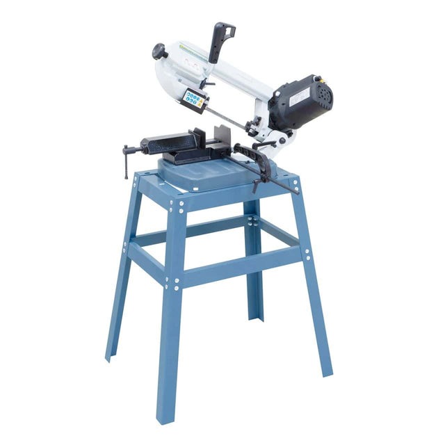 Sega a nastro portatile Bernardo EBS 125 Vario con velocità variabile, corpo in alluminio pressofuso e braccio inclinabile per tagli obliqui.