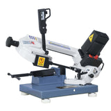 Sega a nastro portatile Bernardo EBS 85 B, compatta e leggera, con velocità variabile e braccio inclinabile per tagli obliqui.