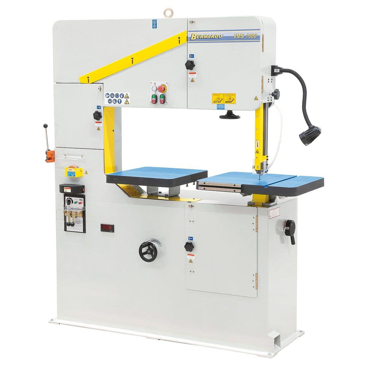 Sega a nastro verticale Bernardo VMS 1000 con tavolo in ghisa inclinabile, velocità variabile, saldatrice lama e display LED digitale.