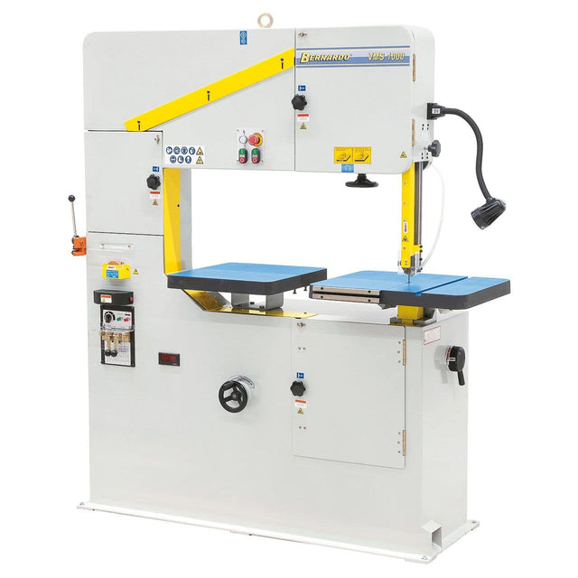 Sega a nastro verticale Bernardo VMS 1000 con tavolo in ghisa inclinabile, velocità variabile, saldatrice lama e display LED digitale.