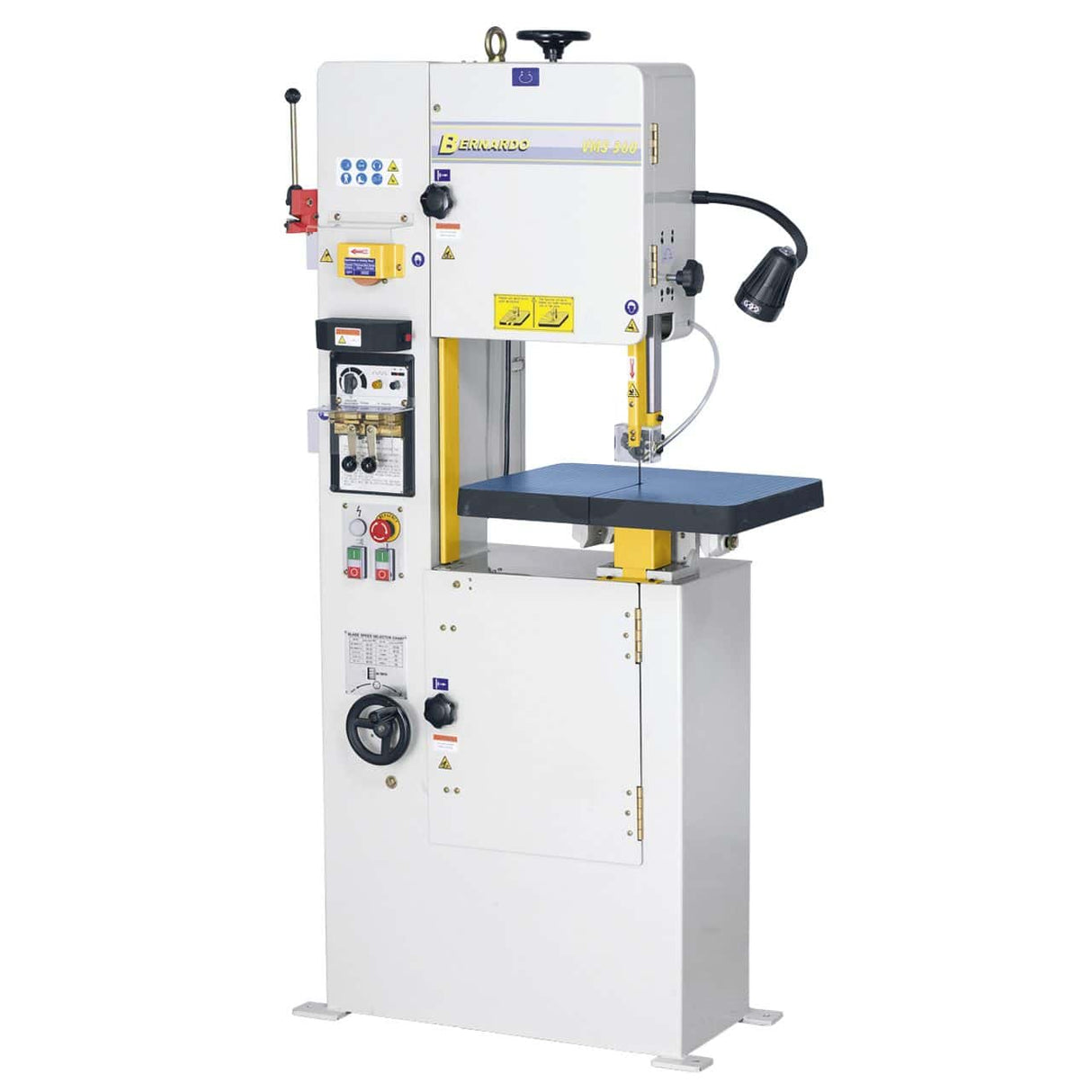 Sega a nastro verticale Bernardo VMS 360 con tavolo in ghisa inclinabile, velocità variabile, saldatrice lama e accessori inclusi.