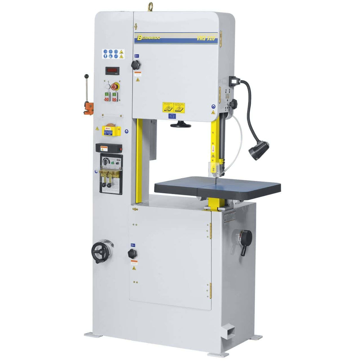 Sega a nastro verticale Bernardo VMS 520 con tavolo in ghisa inclinabile, velocità variabile, saldatrice lama e display LED digitale.