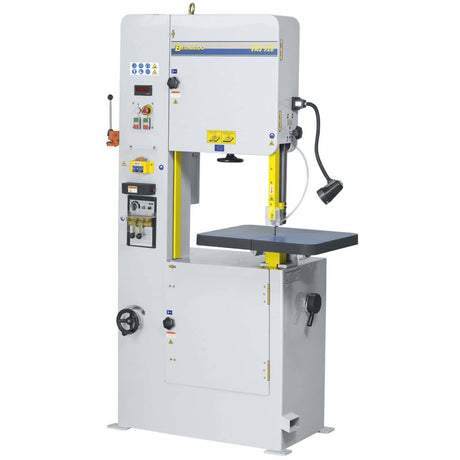 Sega a nastro verticale Bernardo VMS 520 con tavolo in ghisa inclinabile, velocità variabile, saldatrice lama e display LED digitale.