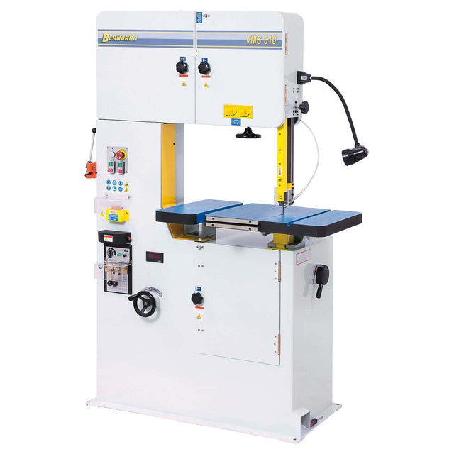 Sega a nastro verticale Bernardo VMS 610 con tavolo in ghisa inclinabile, velocità variabile, saldatrice lama e display LED.