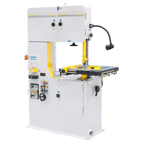 Sega a nastro verticale Bernardo VMS 610 A con tavolo in ghisa inclinabile, avanzamento automatico, saldatrice lama e display LED.
