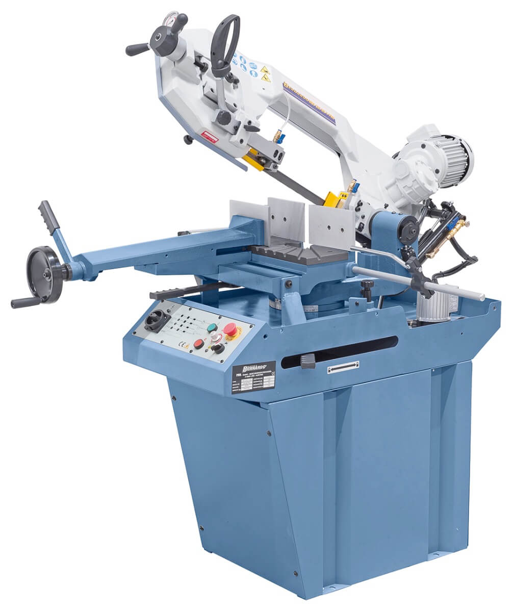Segatrice a nastro orizzontale Bernardo MBS 280 DG-V PRO con telaio in ghisa sferoidale, velocità variabile e doppia angolazione -45°/+60°.