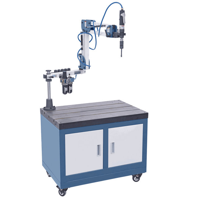 Filettatrice pneumatica Bernardo TM 12 P / R 1500 con braccio orientabile R1500 e gruppo motore inclinabile fino a 90°, ideale per officine e lavorazioni industriali.