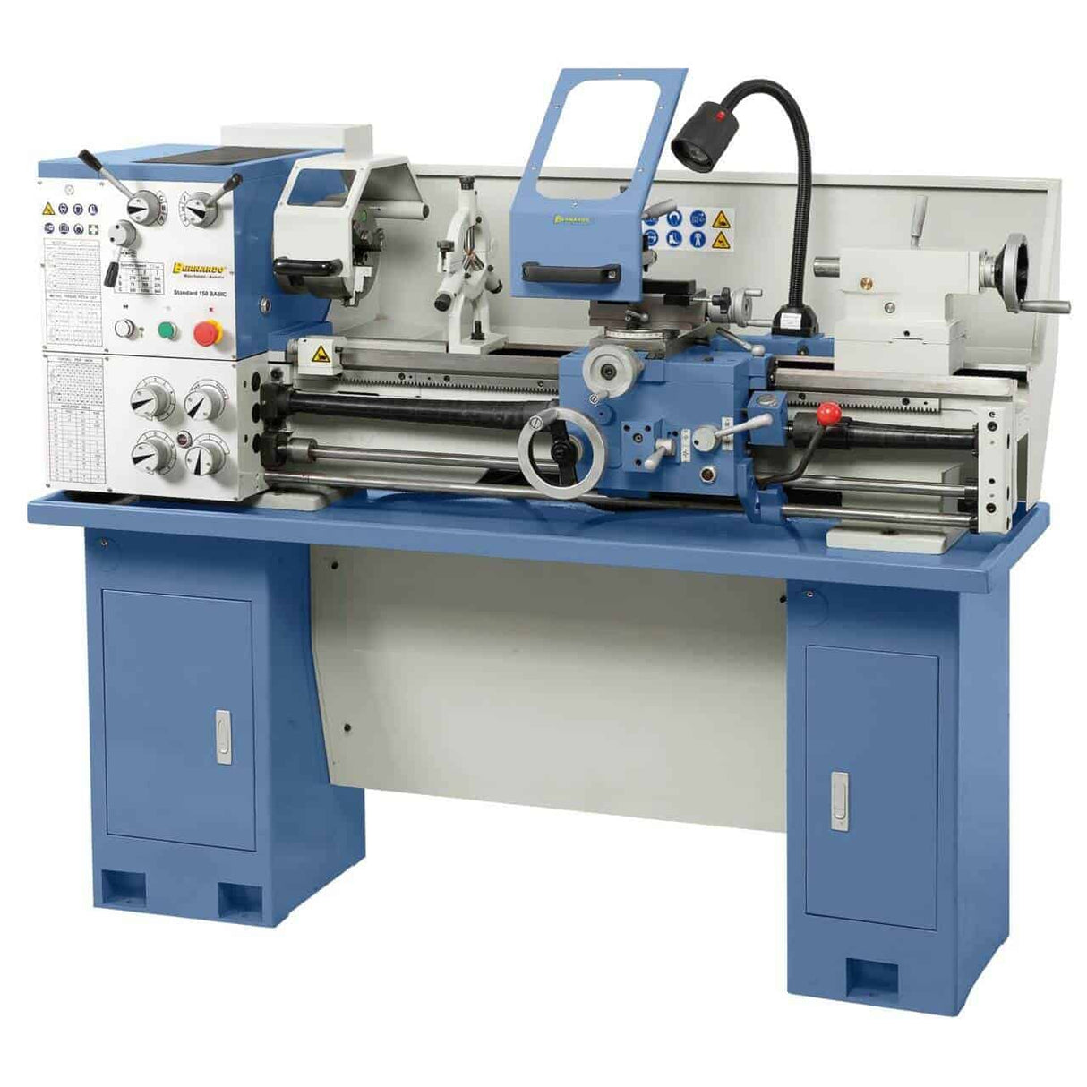 Vista del Bernardo Tornio Standard 150 Basic con corpo in ghisa, motore da 500 W, cuscinetti di precisione e protezione mandrino integrata.