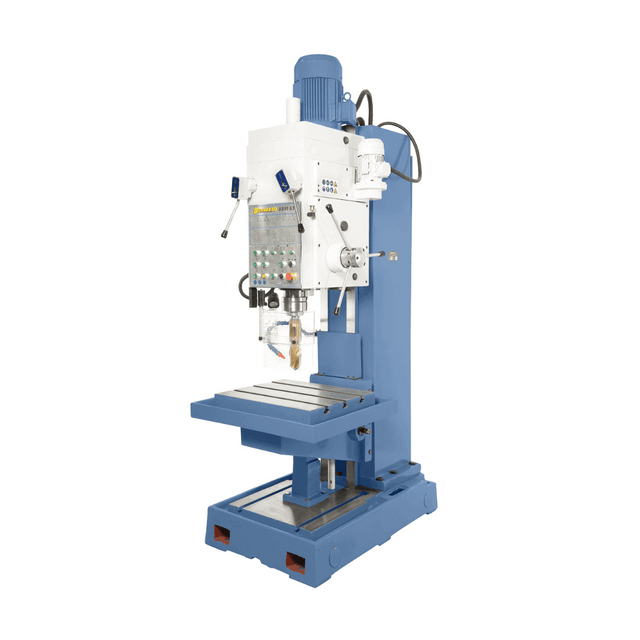 Trapano a colonna fissa Bernardo KBM 63 con motore da 5,5 kW, avanzamento automatico e capacità di foratura fino a 63 mm.