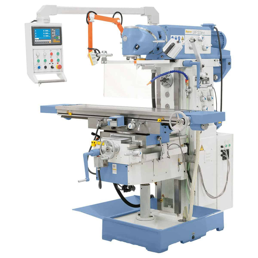 Fresatrice universale Bernardo UWF 130 Servo con mandrini orizzontali e verticali ISO 40, servomotori sugli assi, tavola 1370 x 320 mm e display digitale a 3 assi.