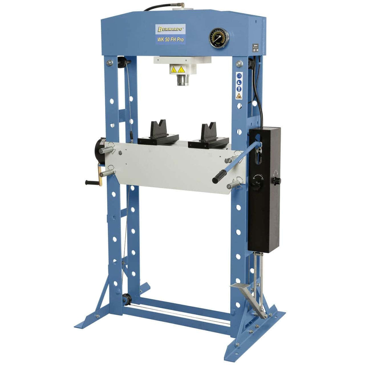 Pressa da officina Bernardo WK 50 FH Pro con forza di 50 tonnellate, pedale standard, cilindro scorrevole e struttura saldata in acciaio.