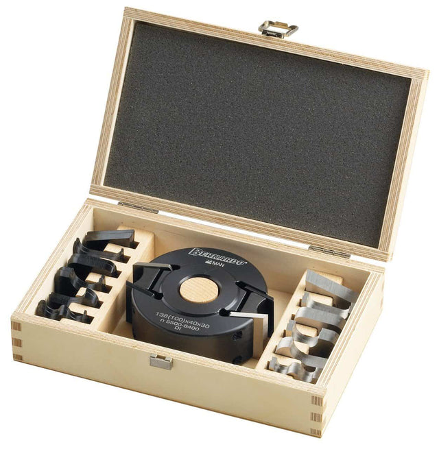 Set testa universale Bernardo Ø100 mm in lega di alluminio con altezza 40 mm e foro 30 mm, completa di coltelli reversibili HW per fresatura precisa di battute e profili su legno.