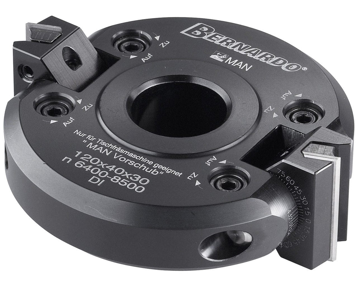 Testa regolabile a smusso Bernardo Ø120 mm, altezza 40 mm e foro 30 mm, con 2 taglienti HW e inclinazione regolabile fino a 45° per fresatura precisa di smussi e profili inclinati.