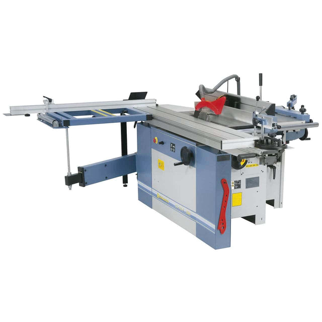 La macchina CU 310 F in configurazione estesa da 2000 mm, con tavolo scorrevole, cavatrice integrata e struttura massiccia in ghisa. Progettata per falegnami professionisti esigenti.