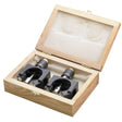  Set da 2 calibri magnetici per la regolazione dei coltelli su piallatrici, forniti con cassetta in legno per una conservazione sicura e ordinata.