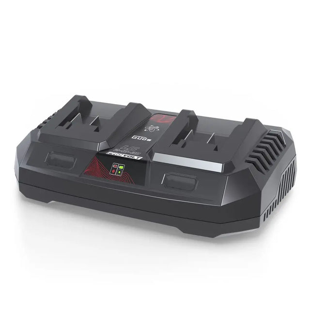 Caricabatterie rapido doppio Guede LG 2-18-30 da 2x3.0 A per batterie 18V E³ e ProVolt, con ricarica simultanea e protezione elettronica.