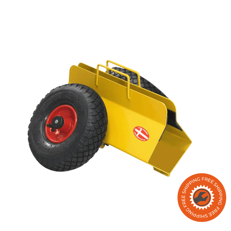Carrellino porta lastre Ravendo TW 200 L in acciaio giallo con morsetto regolabile 120–220 mm e ruote pneumatiche Ø3.00 x 4/4, ideale per porte, vetri e pannelli fino a 200 kg.
