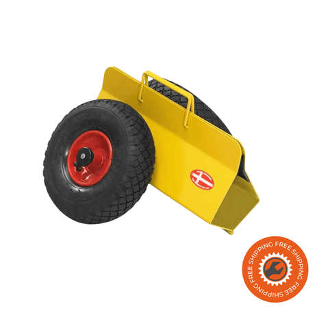 Carrellino porta lastre Ravendo TW 200 L in acciaio giallo con morsetto regolabile 60–160 mm e ruote pneumatiche Ø3.00 x 4/4, ideale per il trasporto di porte, finestre e pannelli fino a 200 kg.
