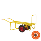 Carrello agricolo Ravendo SBNT 400 L in acciaio giallo con ruote pneumatiche, impugnature rosse e capacità di 400 kg per trasporto balle di fieno.
