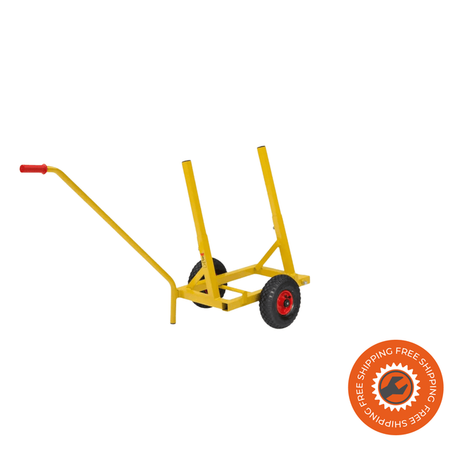Carrello Ravendo SHT 200 L in acciaio giallo con supporto inclinato per lastre e pannelli, dotato di ruote pneumatiche Ø3.00 x 4 per trasporti fino a 200 kg.