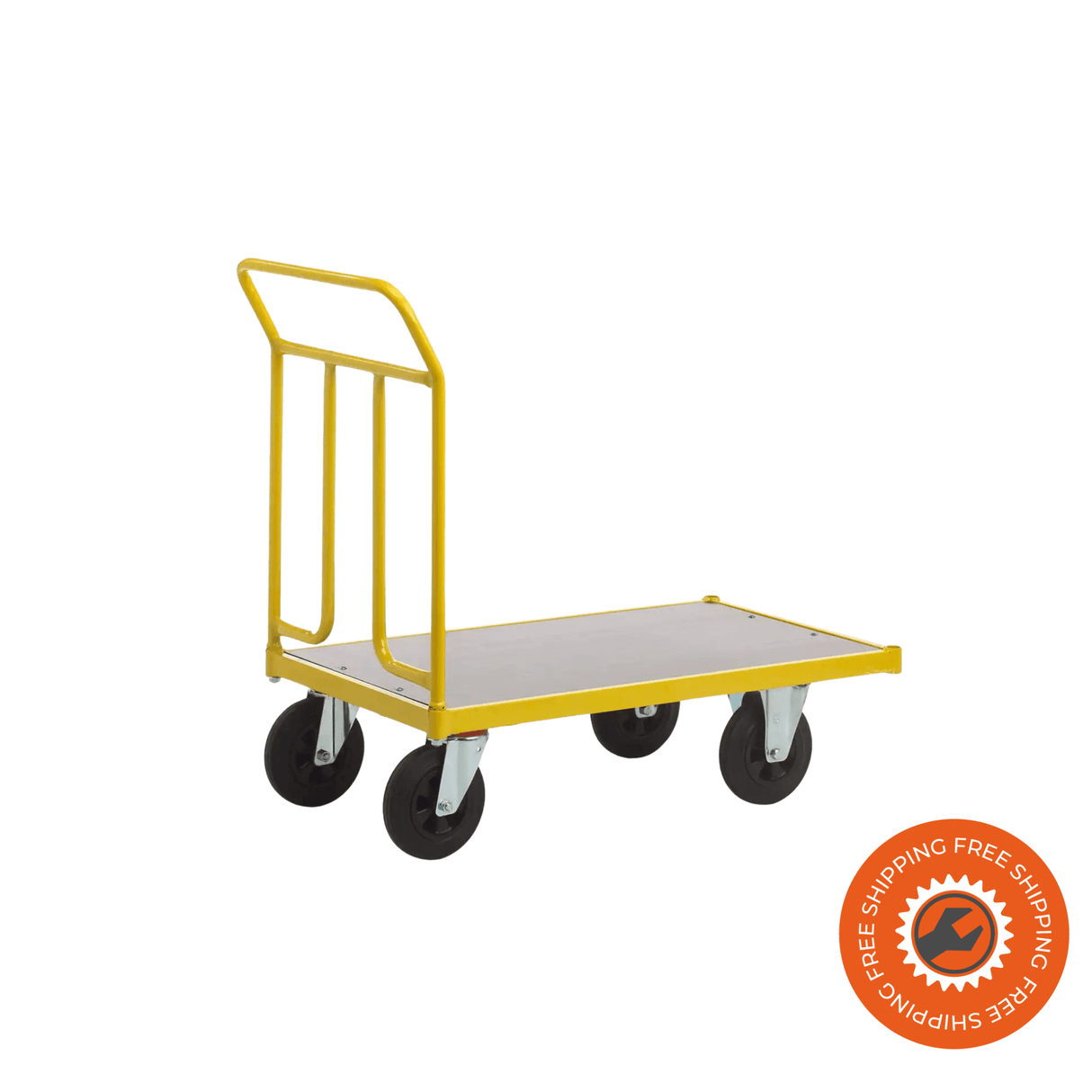 Carrello da magazzino Ravendo TW 1250 L in acciaio giallo con ruote pneumatiche, piano di carico da 1250 mm e maniglia ad arco ergonomica, ideale per uso industriale fino a 400 kg.