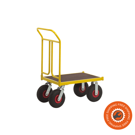Carrello Ravendo TW 750 L in acciaio giallo con ruote pneumatiche e piano di carico da 750 mm, ideale per movimentazioni interne fino a 400 kg.

