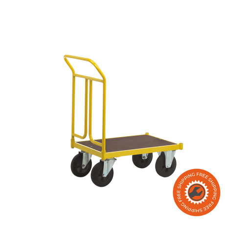 Carrello da magazzino Ravendo TW 750 M in acciaio giallo con piano da 750 mm, ruote solide e maniglia ergonomica, ideale per movimentazione interna fino a 400 kg.