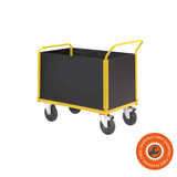 Carrello Ravendo TW 1000 M-HWS in acciaio giallo con sponde alte in legno e ruote solide Ø200 mm, ideale per trasporti di materiali fino a 400 kg.
