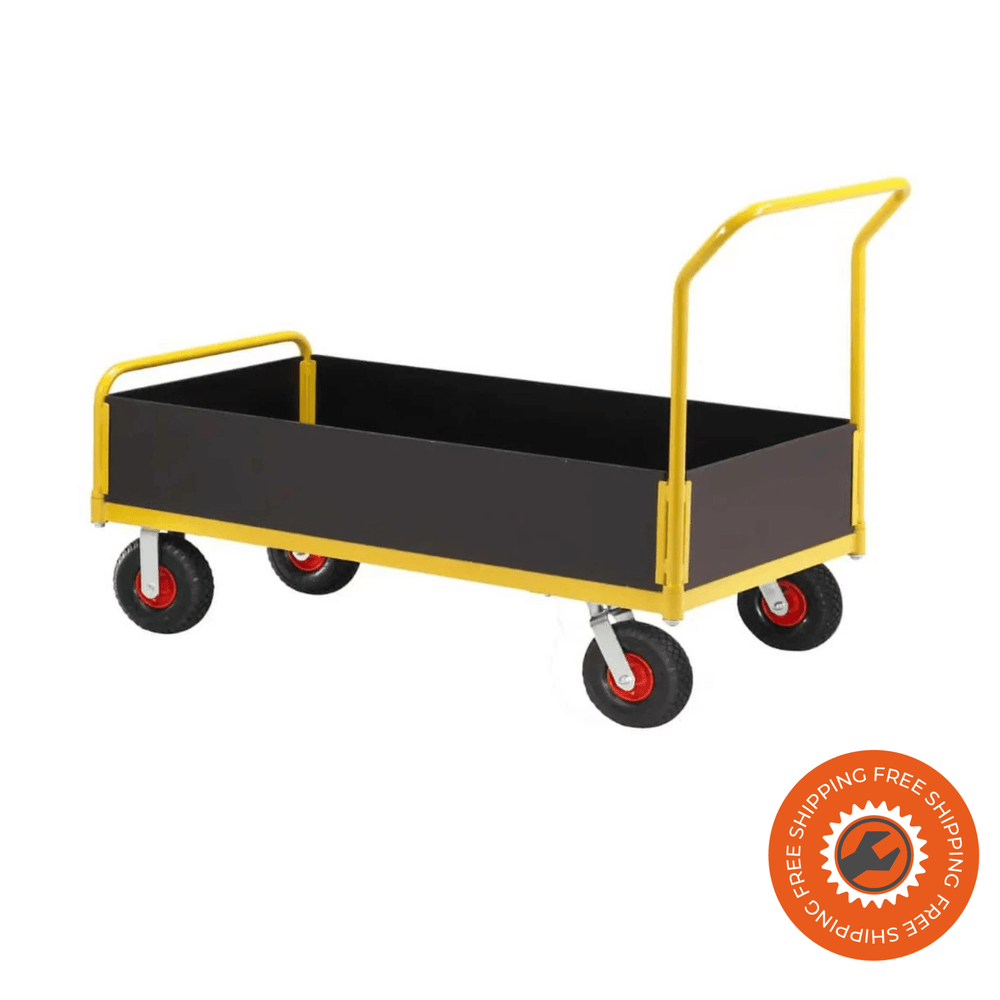 Carrello Ravendo TW 1250 L-LWS in acciaio giallo con sponde basse in legno e ruote pneumatiche Ø3.00 x 4/4, ideale per trasporti fino a 400 kg.
