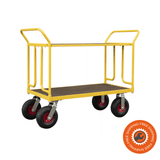Carrello Ravendo TW 1250 LEPS in acciaio giallo con sponde laterali e ruote pneumatiche, ideale per trasporti industriali e magazzini fino a 400 kg.
