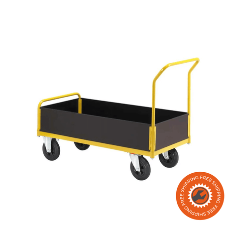 Carrello Ravendo TW 1250 M-LWS in acciaio giallo con sponde in legno e ruote solide Ø200 mm, ideale per trasporto di materiali fino a 400 kg in ambienti industriali e logistici.
