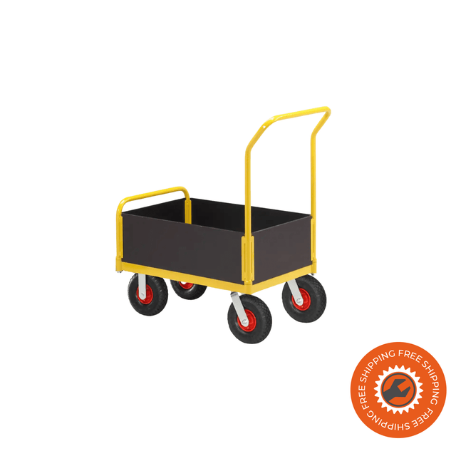Carrello Ravendo TW 750 L-LWS in acciaio giallo con sponde basse in legno e ruote pneumatiche Ø3.00 x 4, ideale per trasporti fino a 400 kg in ambienti industriali e logistici.