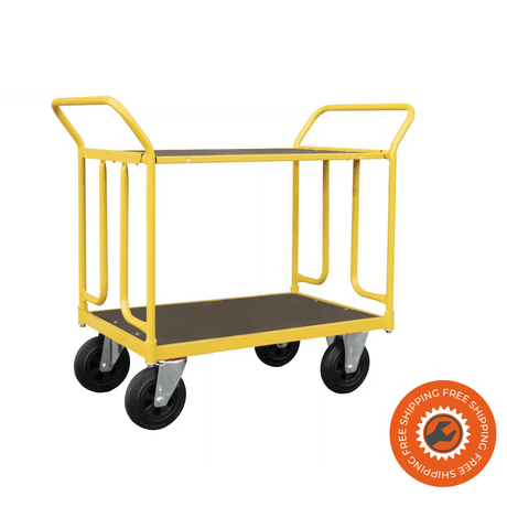 Carrello Ravendo TW 750 MEPS in acciaio giallo con sponde laterali e ruote solide Ø200 mm, ideale per trasporto di materiali fino a 400 kg in magazzini o officine.
