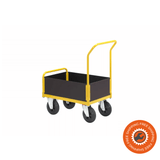 Carrello Ravendo TW 750 M-LWS in acciaio giallo con sponde in legno da 300 mm e ruote solide, ideale per trasporti fino a 400 kg in magazzino o officina.