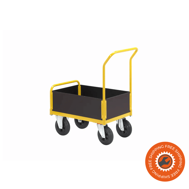 Carrello Ravendo TW 750 M-LWS in acciaio giallo con sponde in legno da 300 mm e ruote solide, ideale per trasporti fino a 400 kg in magazzino o officina.