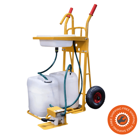 Carrello multiuso Ravendo CLM WS-P in acciaio giallo con lavandino portatile, pompa a pedale e doppio serbatoio da 25 litri, ideale per igienizzazione mobile in ambienti interni ed esterni.