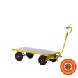 Carrello Ravendo TW 1500 LOW in acciaio giallo con piano in legno, ruote solide e profilo ribassato, ideale per trasporti industriali fino a 1200 kg.