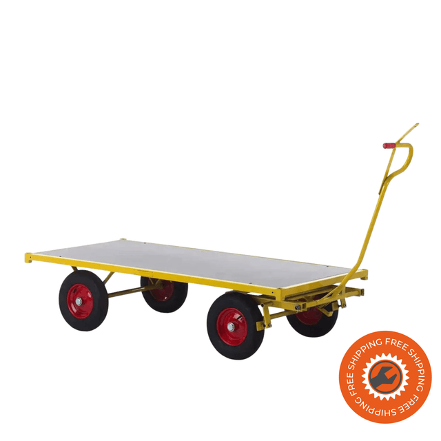 Carrello Ravendo TW 2000 M in acciaio giallo con piano in legno e ruote solide, ideale per trasporti industriali fino a 1200 kg in magazzini e officine.
