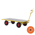Carrello Ravendo TW 2500 in acciaio giallo con piano in legno, ruote pneumatiche e timone di traino, ideale per carichi industriali fino a 1200 kg.
