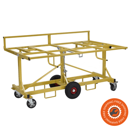 Carrello Ravendo PBT 500L in acciaio giallo con ruote pneumatiche e solide, piano regolabile da 1860 mm e portata fino a 500 kg, ideale per pannelli e vetri di grandi dimensioni.