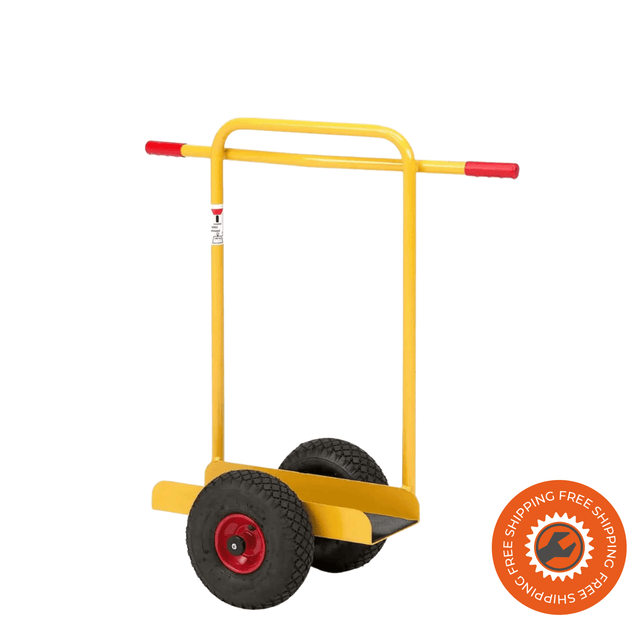Carrello Ravendo TW 200 L-1 in acciaio giallo con sponde e maniglie in plastica, ruote pneumatiche e piano di appoggio da 370 mm, ideale per trasporto lastre e pannelli fino a 200 kg.

