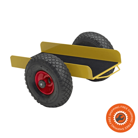 Carrello Ravendo TW 200 LW in acciaio giallo, con ruote pneumatiche e piano di appoggio compatto, ideale per trasportare lastre e pannelli fino a 200 kg.