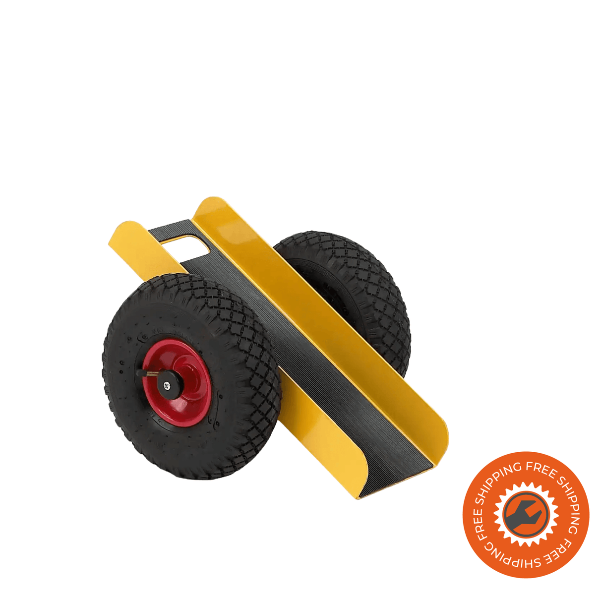 Carrello Ravendo TW 200 L in acciaio giallo con ruote pneumatiche, piano di appoggio da 495 mm e struttura leggera per trasportare lastre e pannelli fino a 200 kg.
