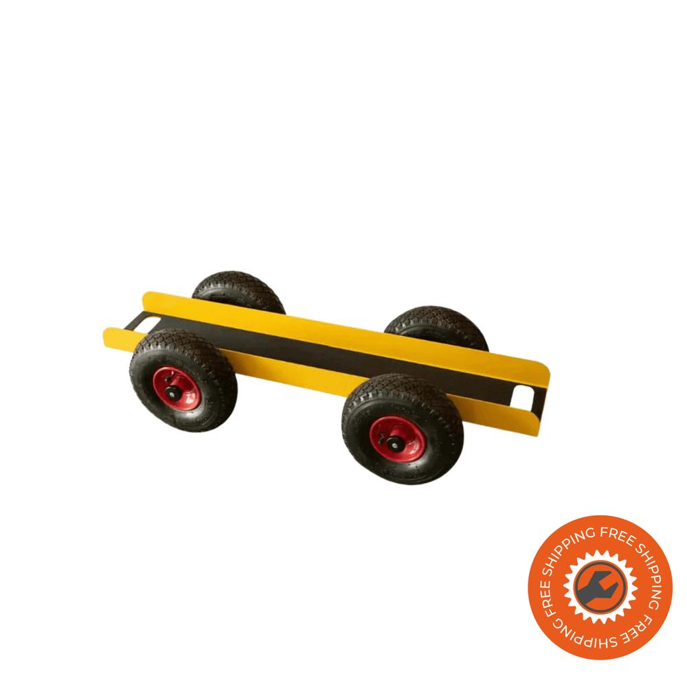 Carrello Ravendo TW 300-4W in acciaio giallo, con maniglie integrate e ruote pneumatiche per il trasporto di lastre e pannelli fino a 300 kg.