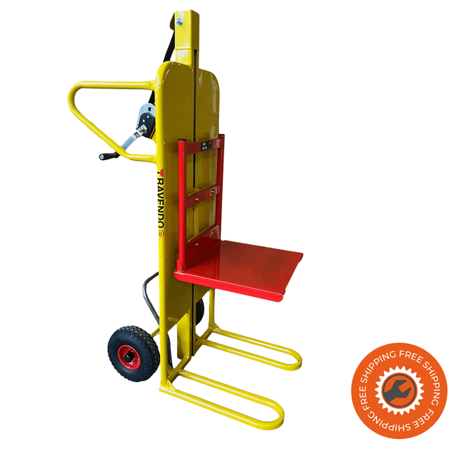 Carrello Ravendo LST 100 L con sollevatore, struttura tubolare Ø30 mm, ruote pneumatiche 3.00×4/4 e piastra da 450 mm.