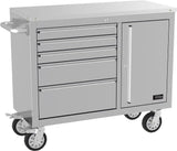 Carrello portautensili Guede GW 5/1 INOX con piano di lavoro in acciaio inox, cinque cassetti, anta chiudibile e ruote con freno, ideale per uso professionale.