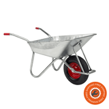 Carriola Ravendo BD 1002 TS con vasca da 100 litri e ruota pneumatica con cerchi in acciaio, ideale per lavori intensivi in giardino ed edilizia.